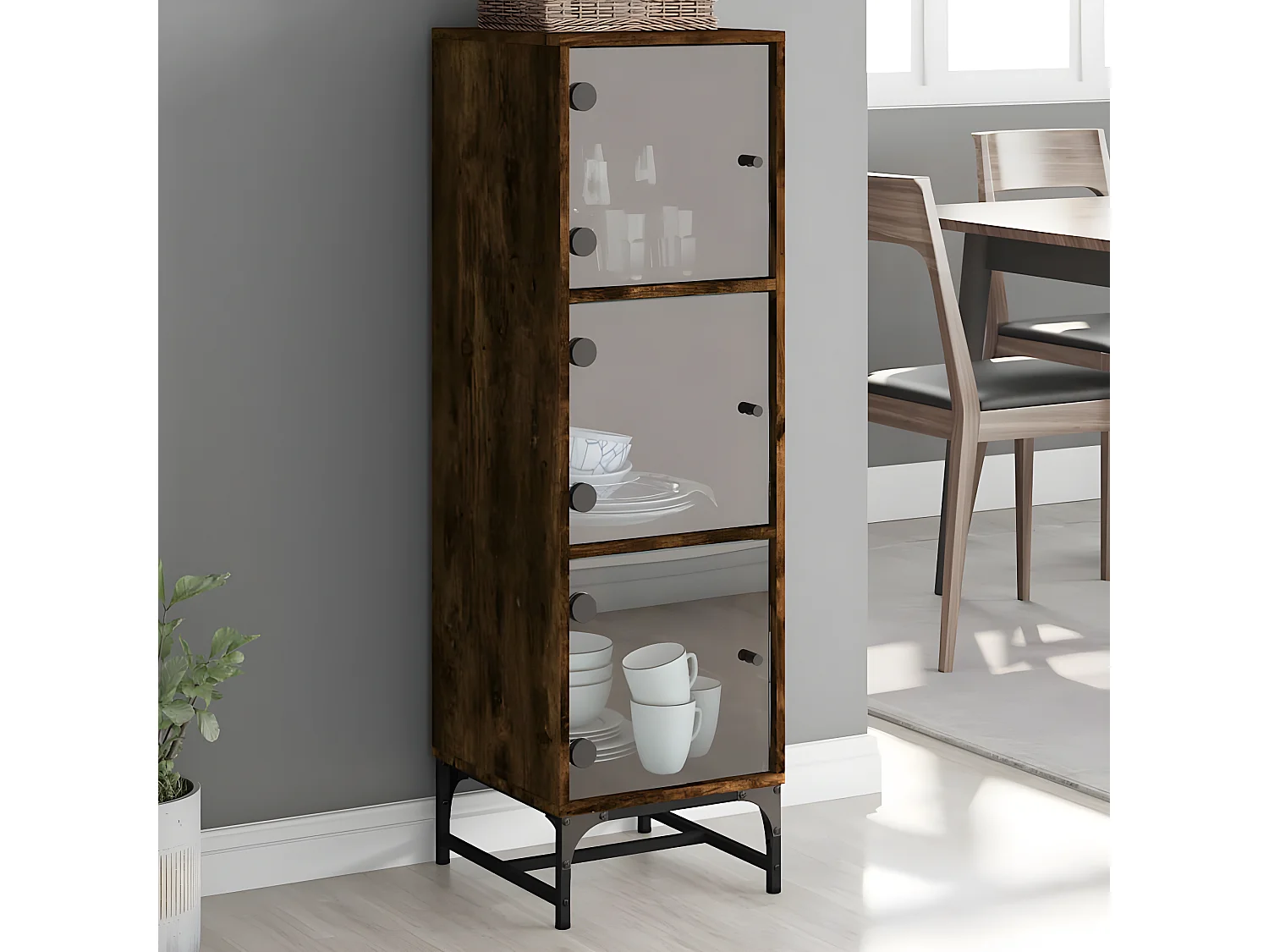 Highboard,Kommode mit Glastüren Räuchereiche 35x37x120 cm -gkd51587