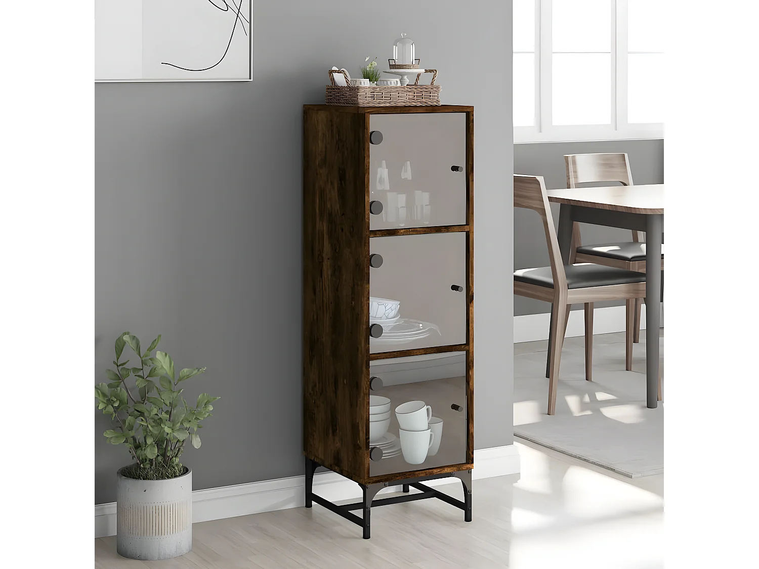 Highboard,Kommode mit Glastüren Räuchereiche 35x37x120 cm -gkd51587