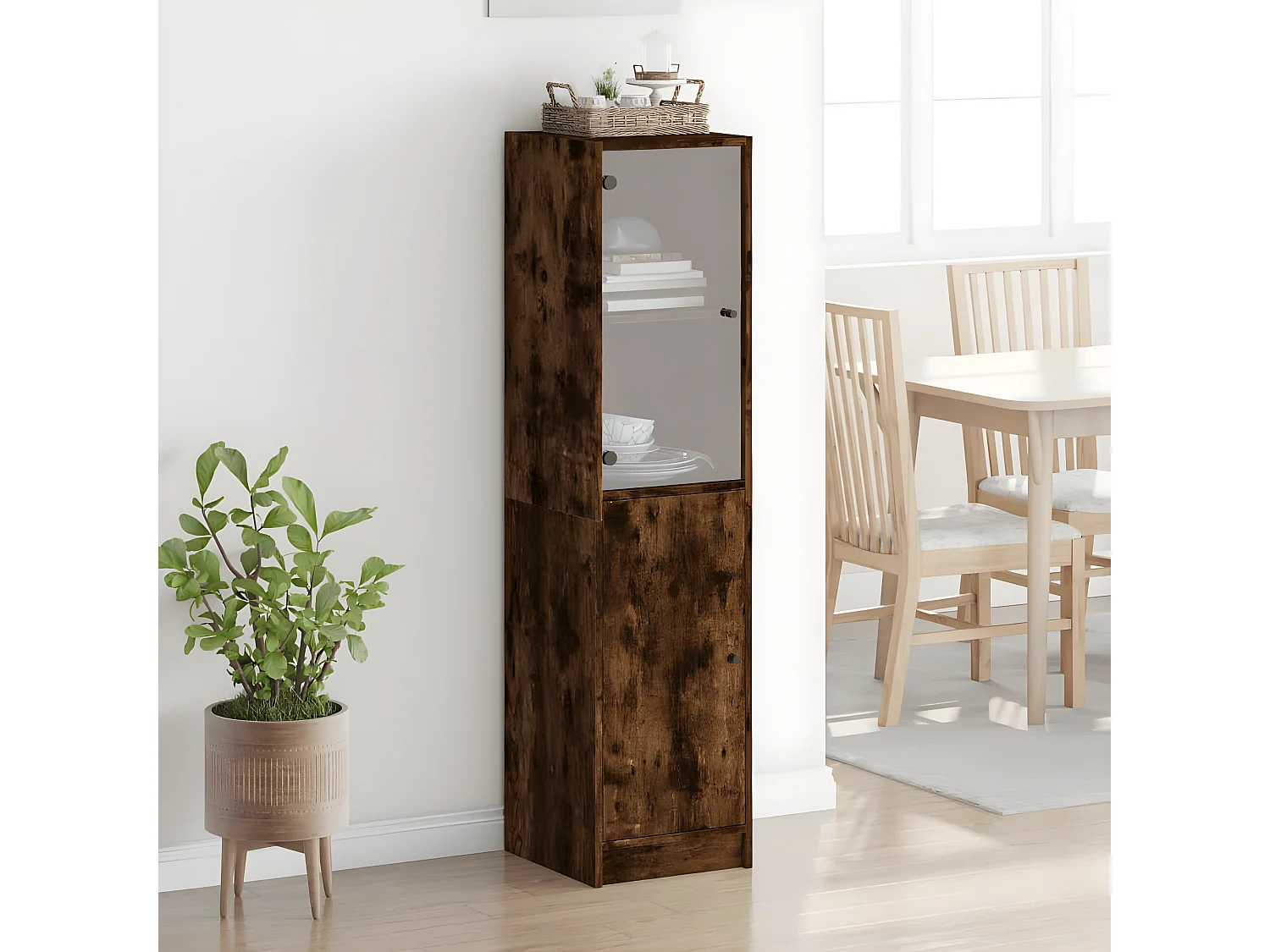 Highboard,Kommode mit Glastür Räuchereiche 35x37x142 cm -gkd395398