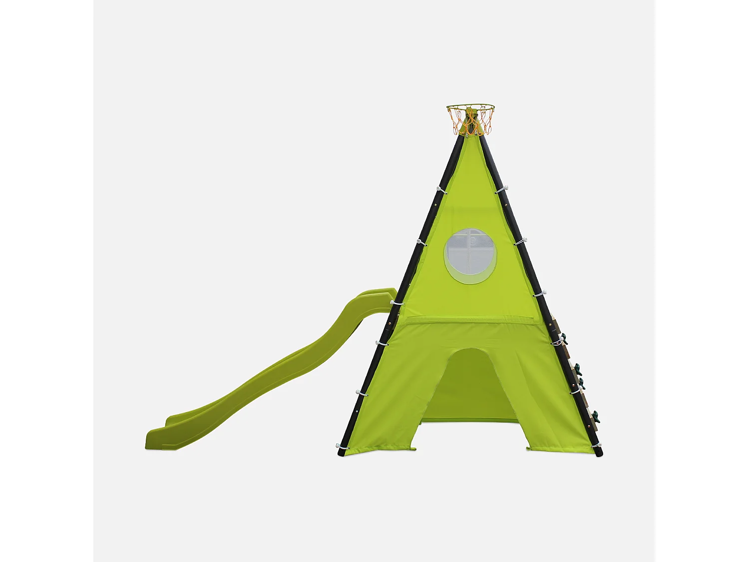 Balançoire 5 agrès - Portique avec 2 balançoires. 1 face à face. 1 toboggan. 1 panier de basket. 1 mur d'escalade et 1 tente