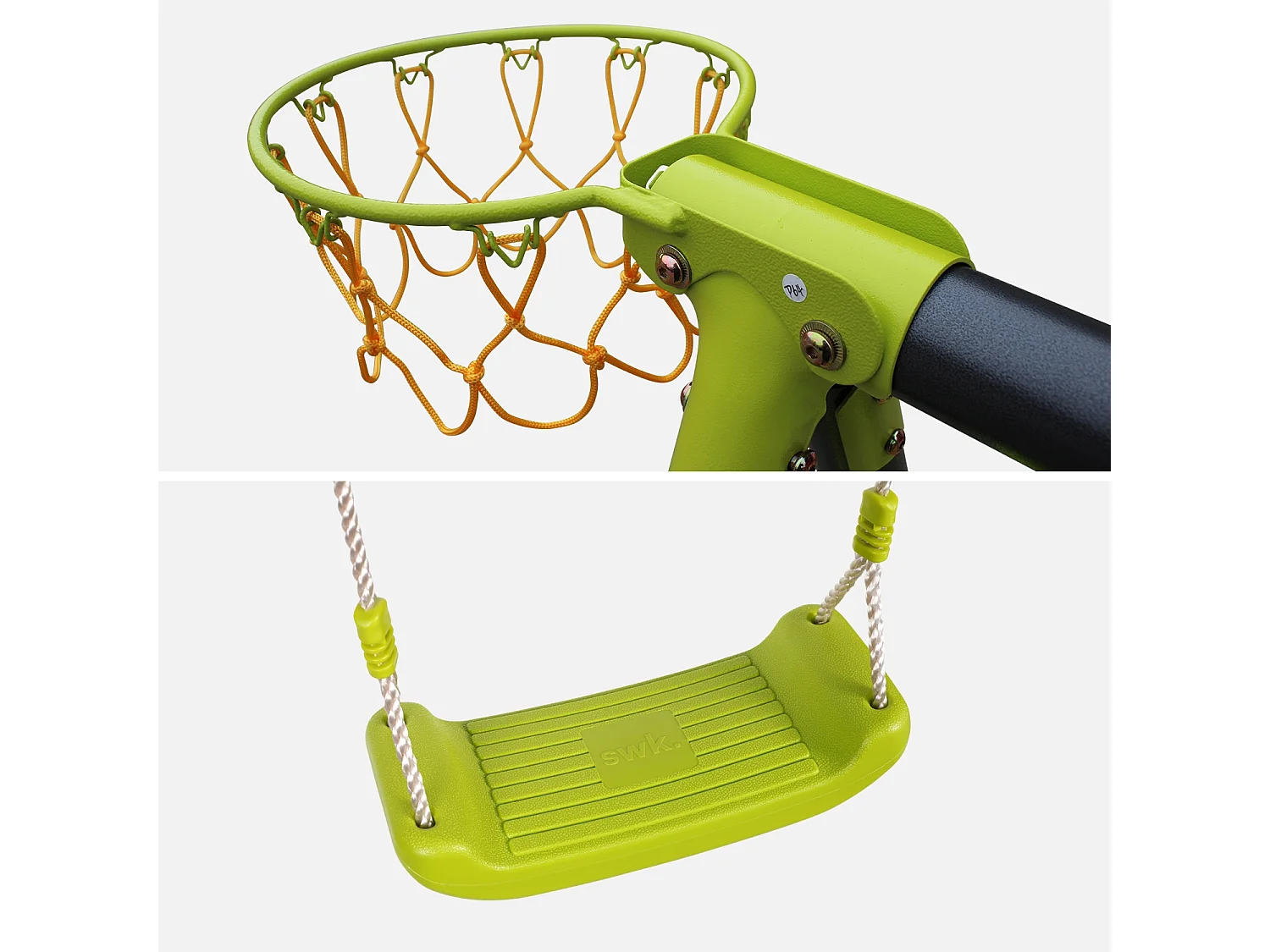 Balançoire 5 agrès - Portique avec 2 balançoires. 1 face à face. 1 toboggan. 1 panier de basket. 1 mur d'escalade et 1 tente