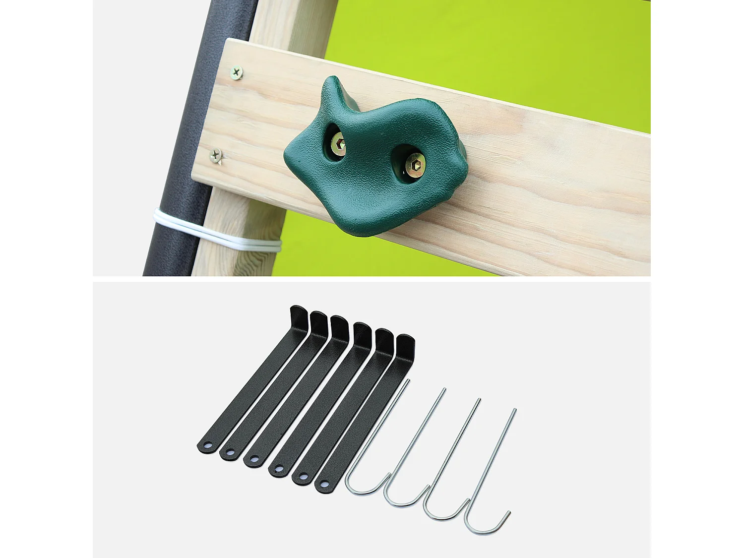 Balançoire 5 agrès - Portique avec 2 balançoires. 1 face à face. 1 toboggan. 1 panier de basket. 1 mur d'escalade et 1 tente