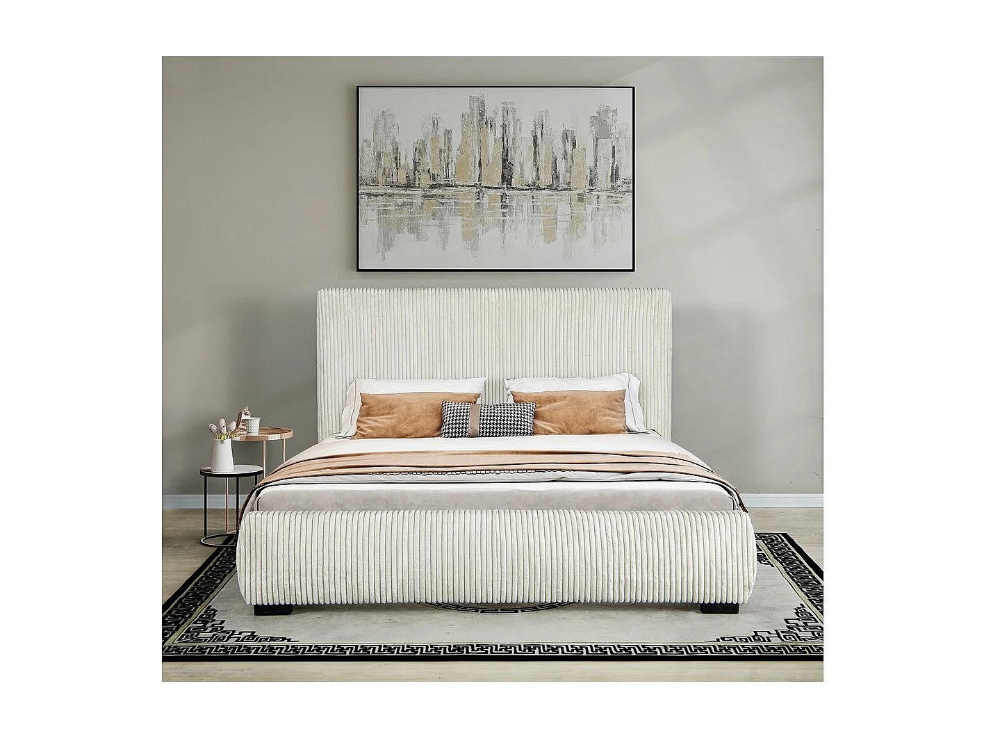 Lit double en velours côtelé "Montana" - 140 x 190 cm - Beige