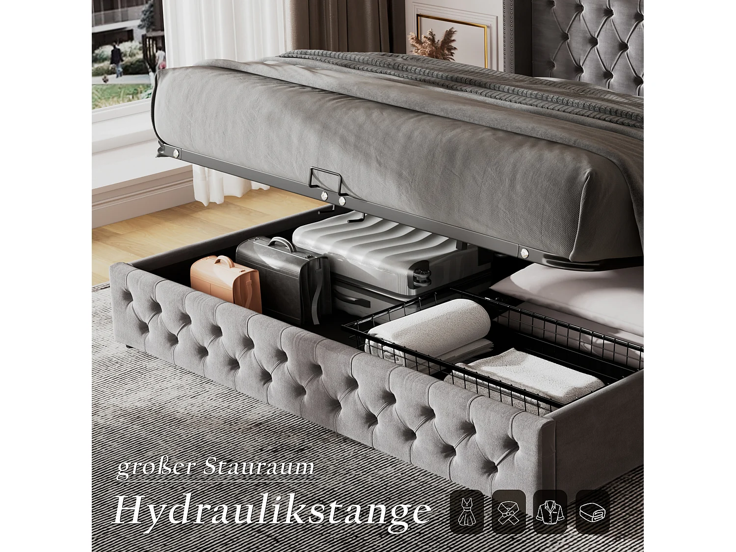 Lit capitonné 140x190 cm - Lit double avec sommier à lattes et rangements - Lit jeune - Gris - Velours