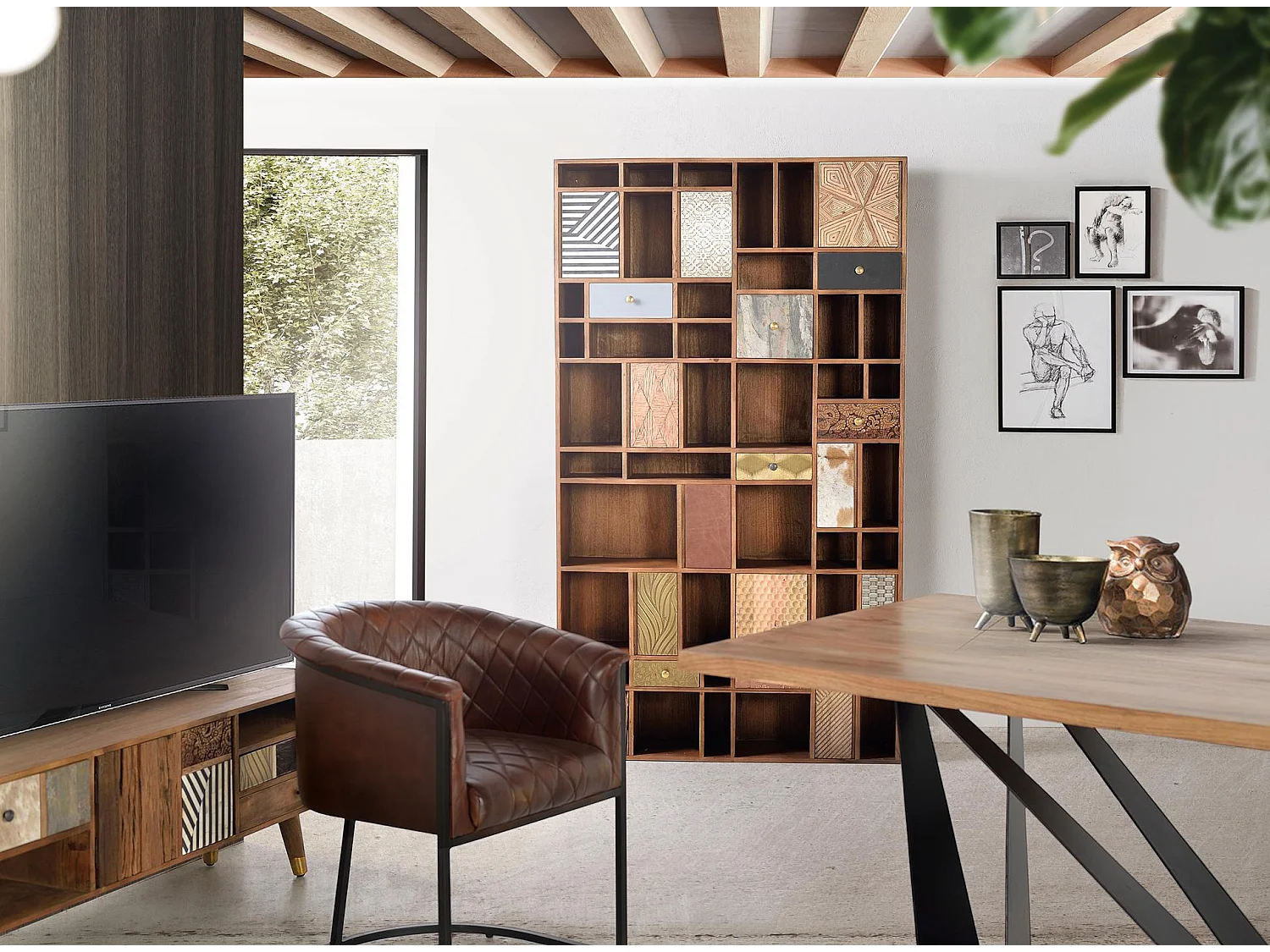 Bücherregal aus Mangoholz, 115 cm, Boho-Retro-Stil - 200 x 115 x 30