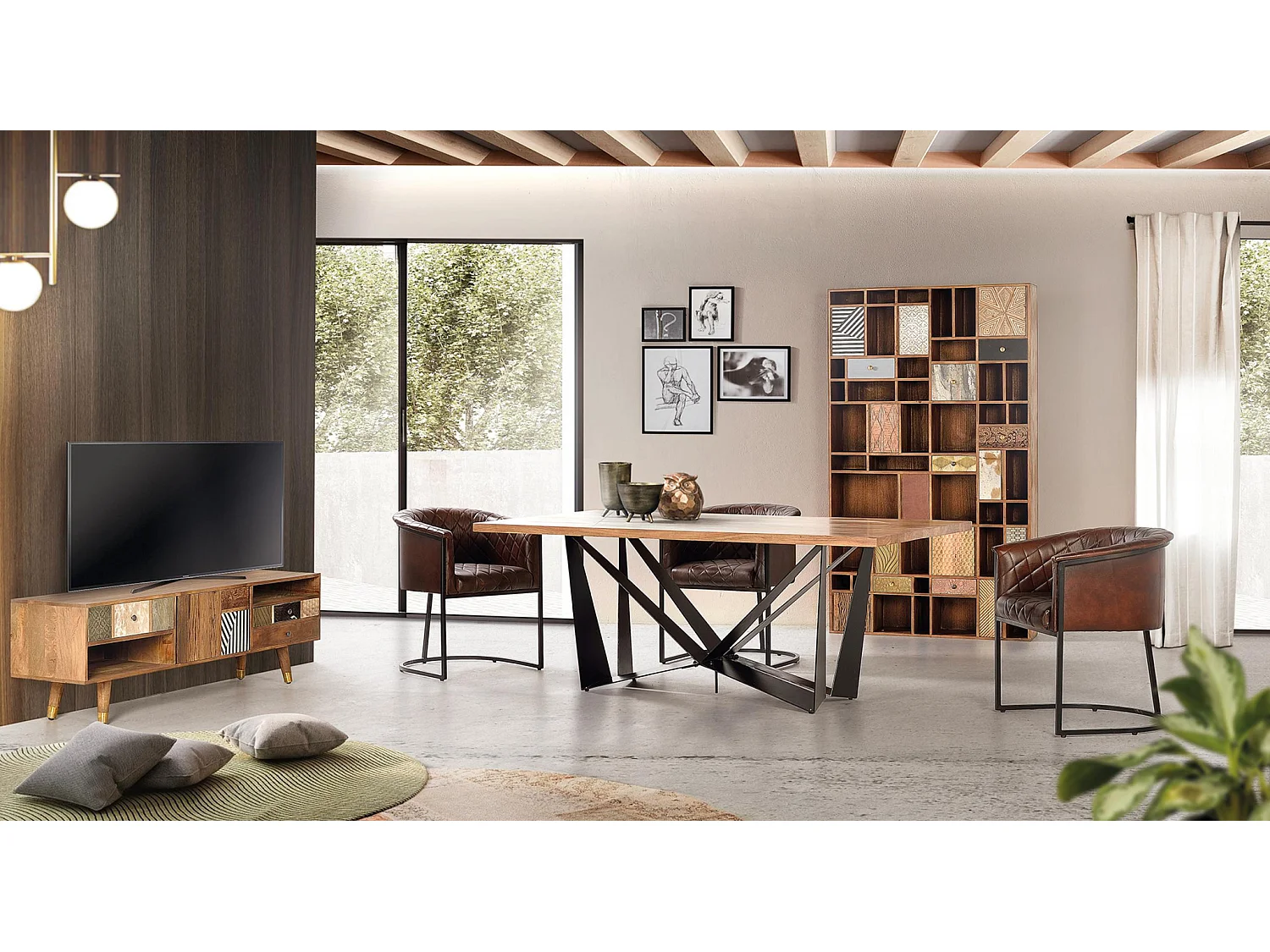 Bücherregal aus Mangoholz, 115 cm, Boho-Retro-Stil - 200 x 115 x 30