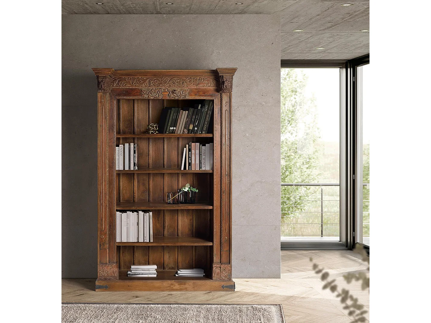 Libreria in legno di mango, stile rustico contemporaneo, 142 cm - 222x142x56