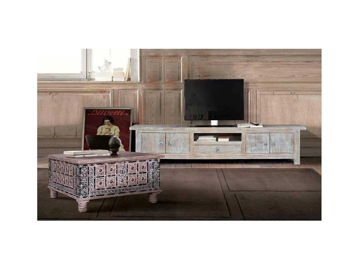 Meuble TV en manguier blanc vieilli