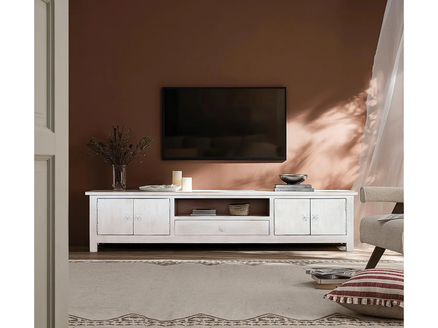 Meuble TV en bois de manguier 230 cm, style méditerranéen moderne - 44 x 230 x 50