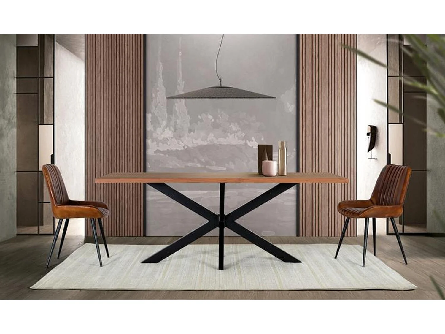 Table à manger en bois d'acacia naturel et pieds en métal noir