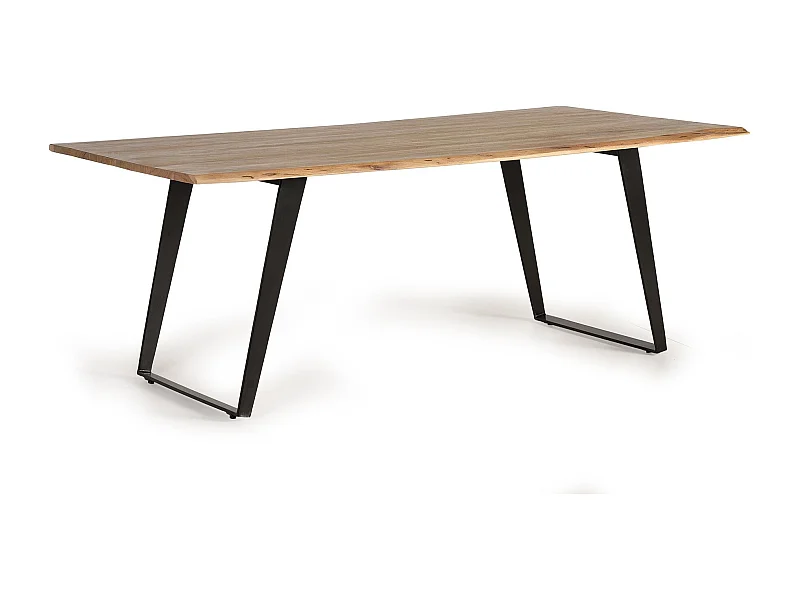 Mesa de manjedoura em madeira de acácia natural com pés de metal preto.