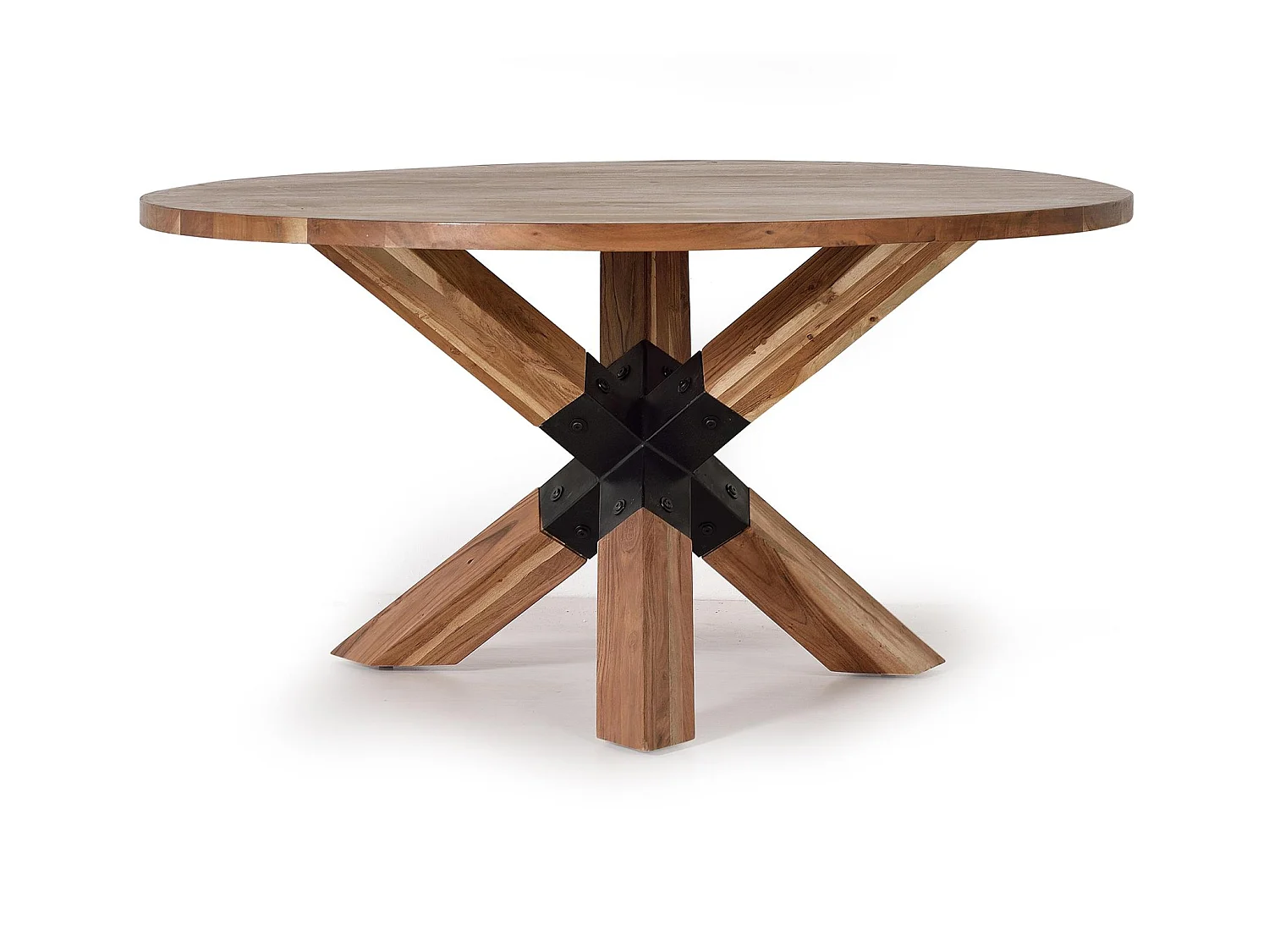 Tables de salle à manger en bois d'acacia massif 150 cm, style industriel moderne - 76 x 150 x 150