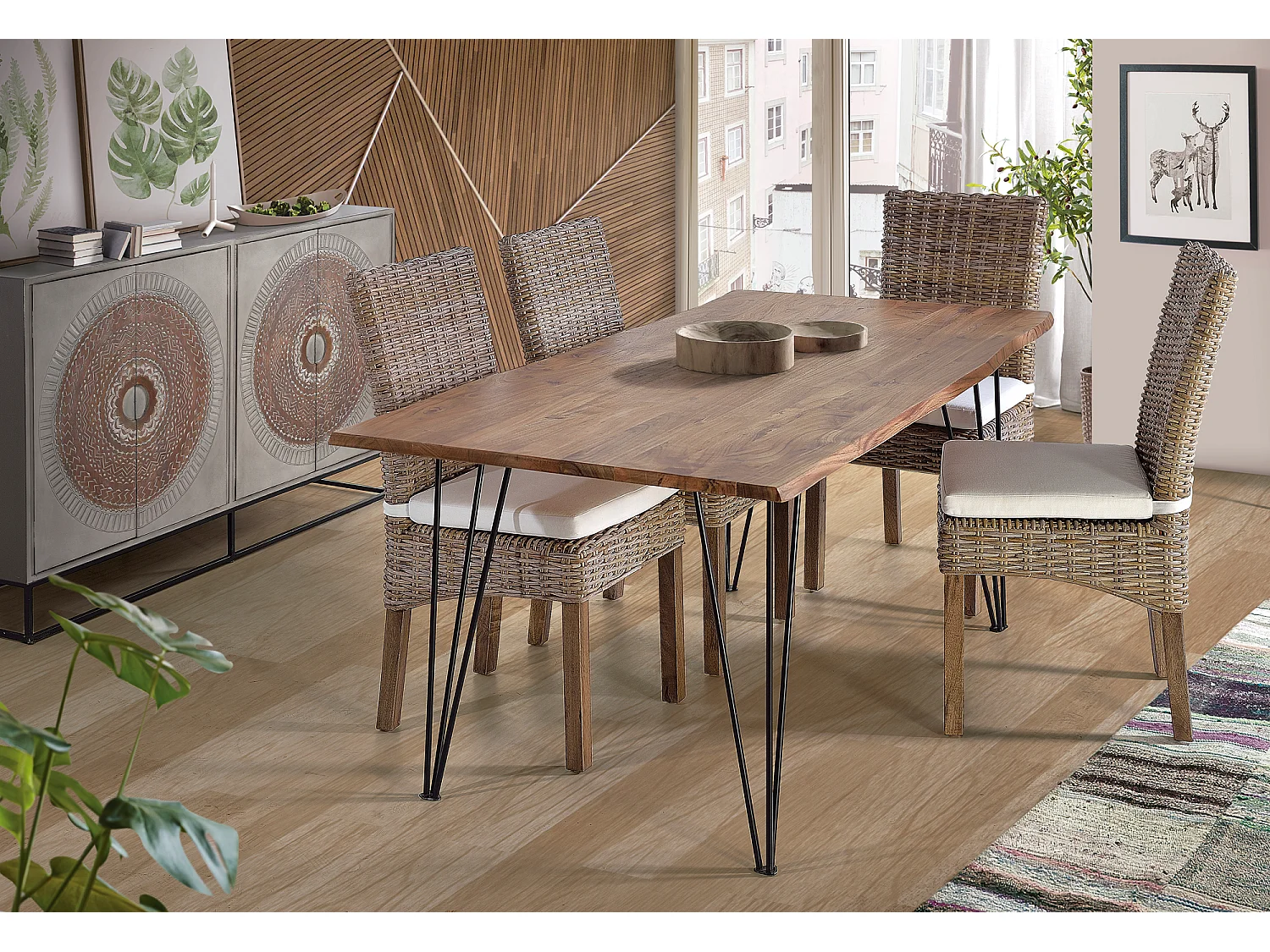 Table à manger en bois d'acacia naturel et pieds en métal 6 places