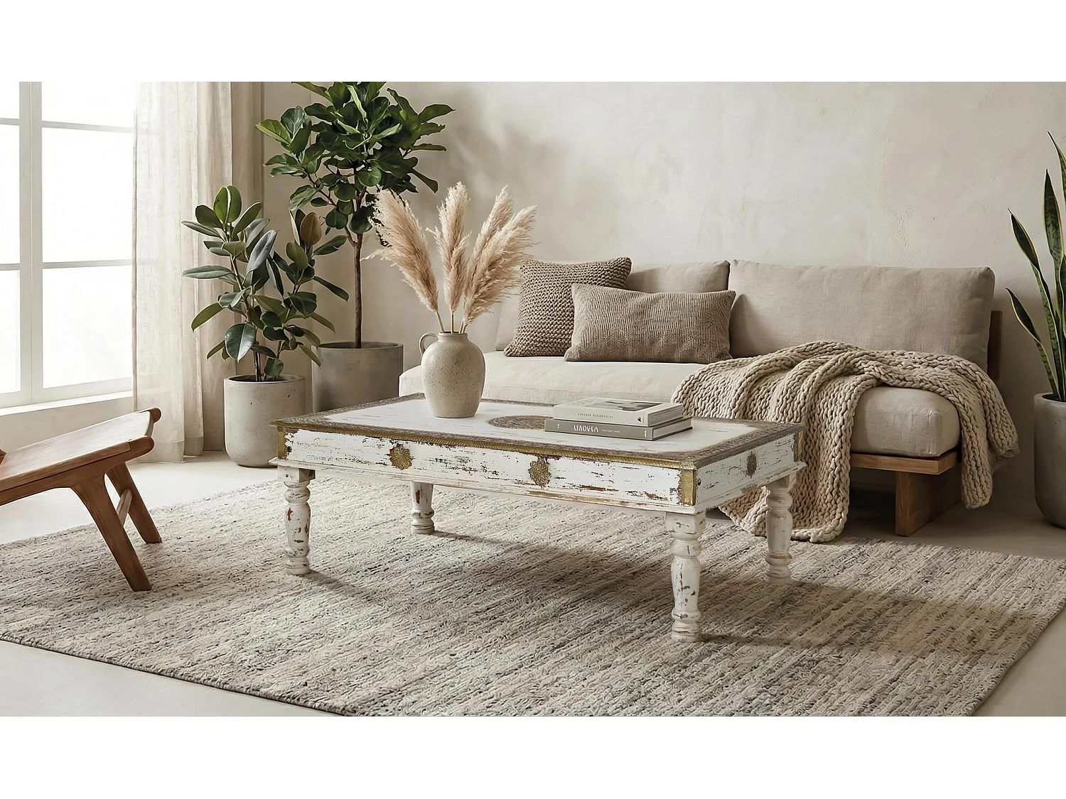 Tables basses en bois de manguier 140 cm, style colonial - 45 x 140 x 80 cm