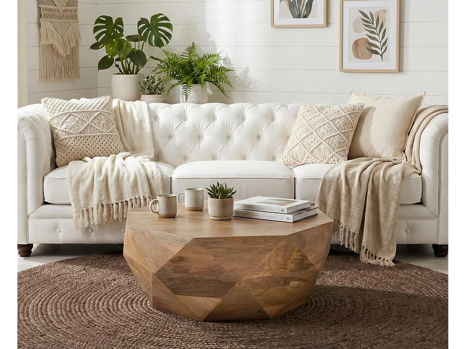Tables basses en bois de manguier 80 cm, style rustique moderne - 37 x 80 x 80 cm