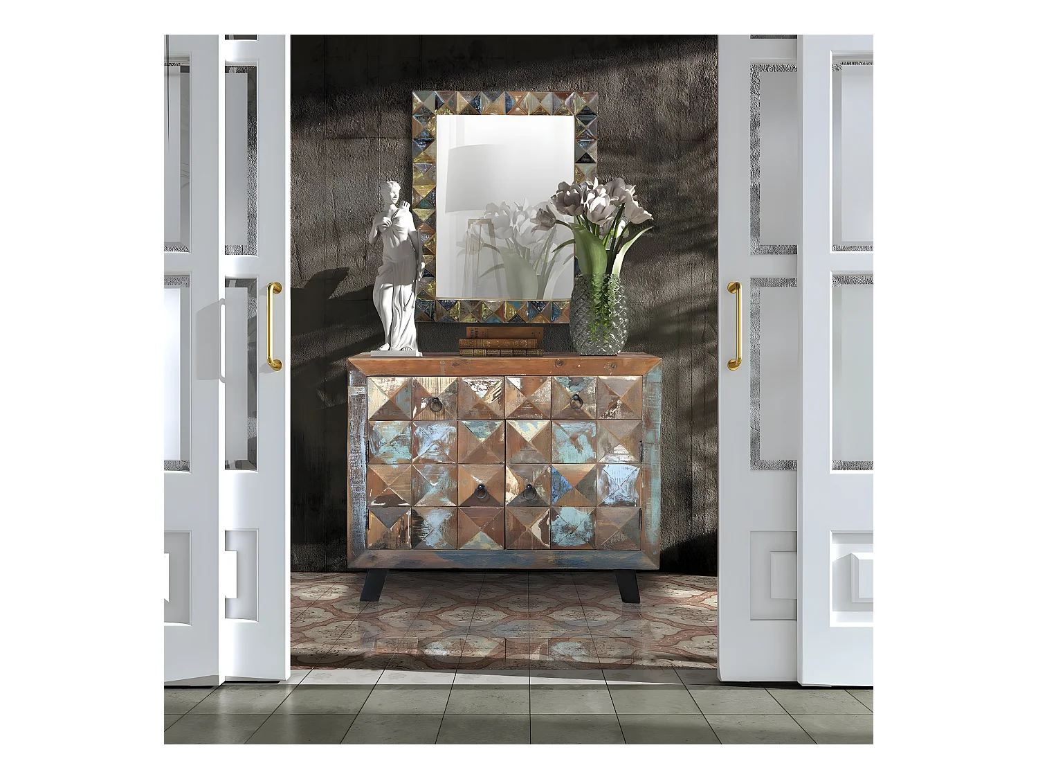 Exclusieve spiegel in veelkleurig gerecycled hout