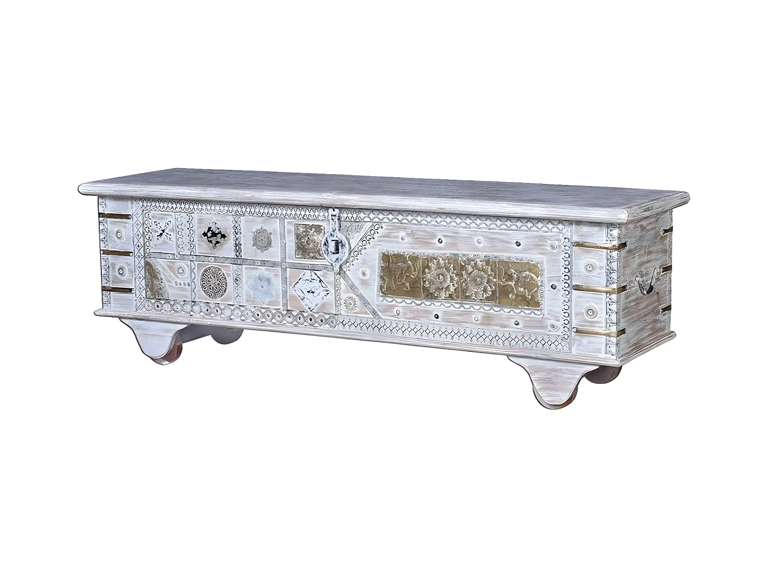 Cassapanca in massello di mango con particolari in ottone