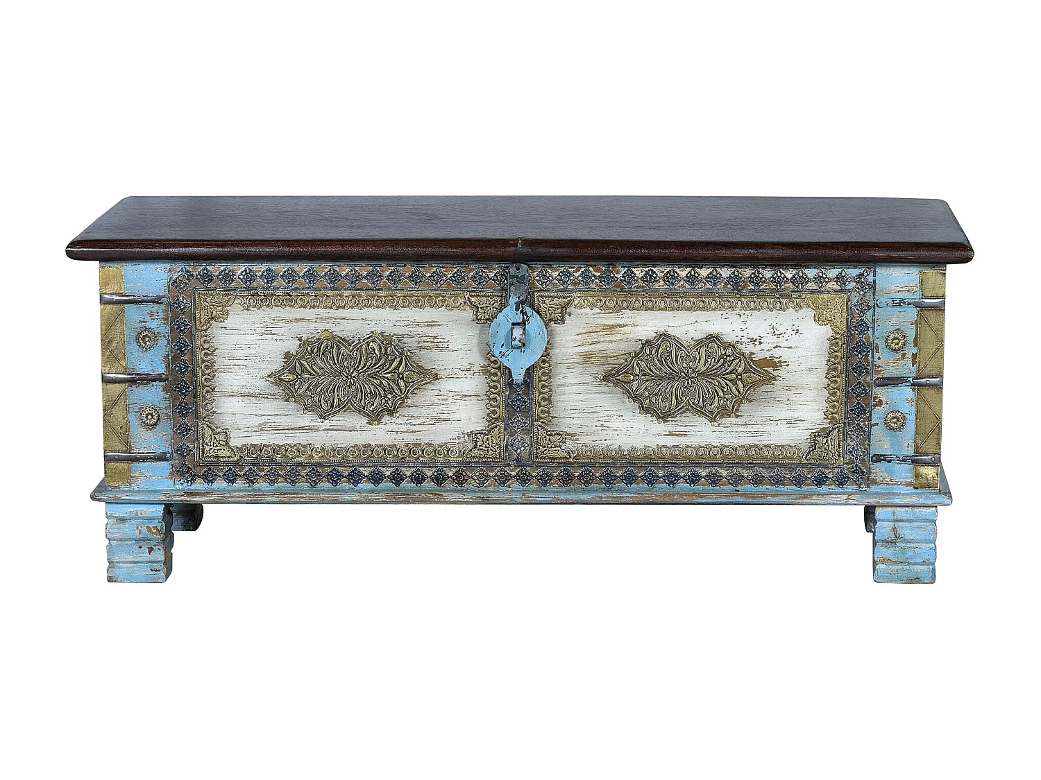 Coffre en manguier bleu et merisier vieilli