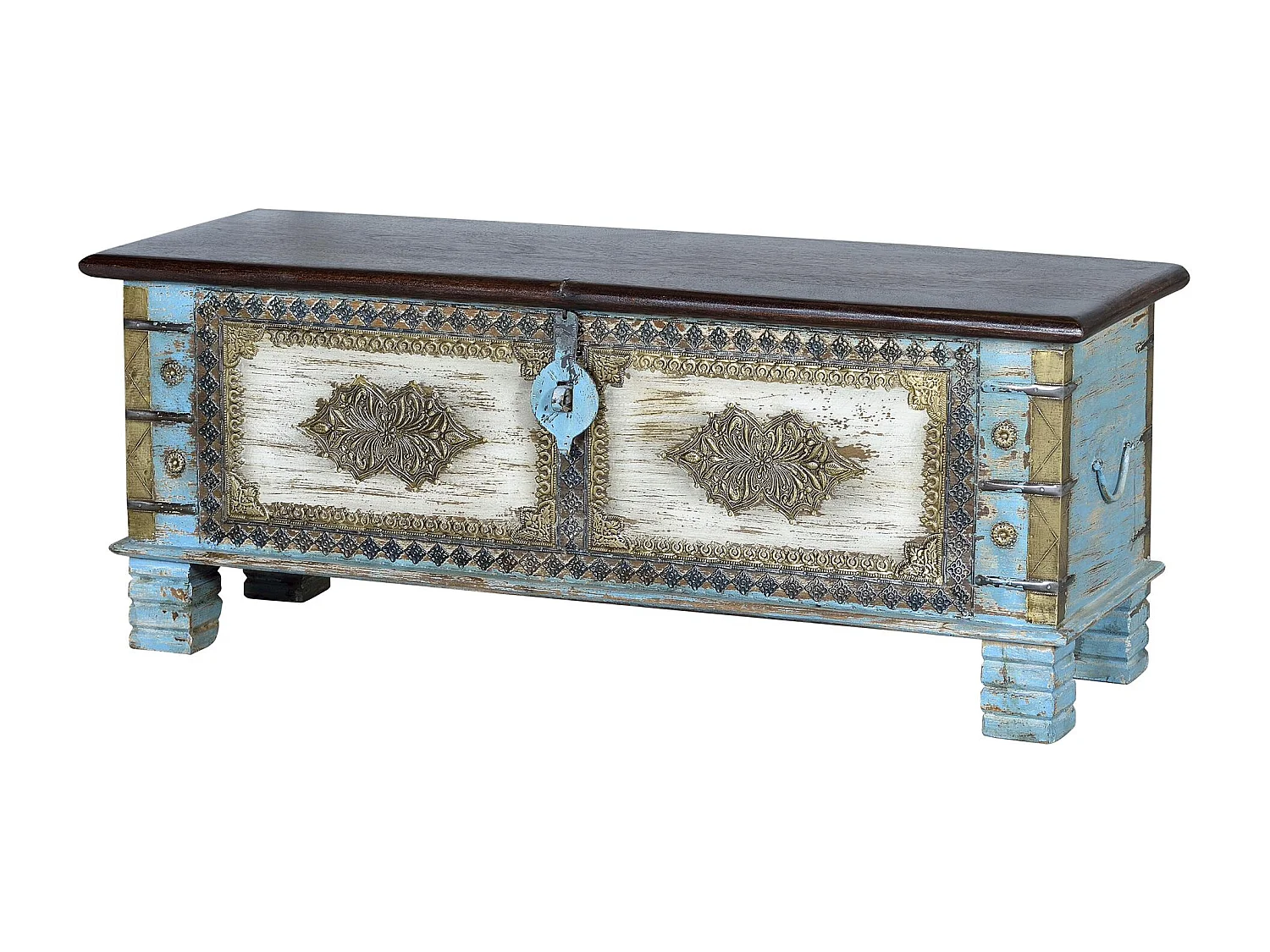 Coffre en manguier bleu et merisier vieilli