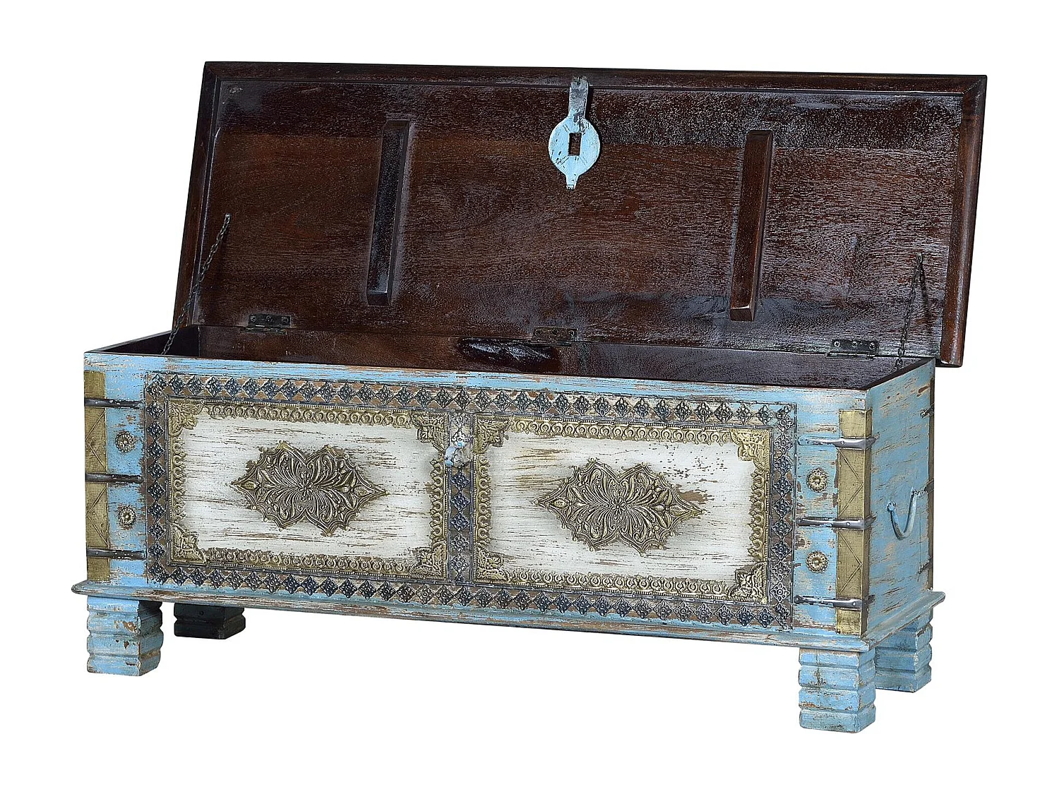 Coffre en manguier bleu et merisier vieilli