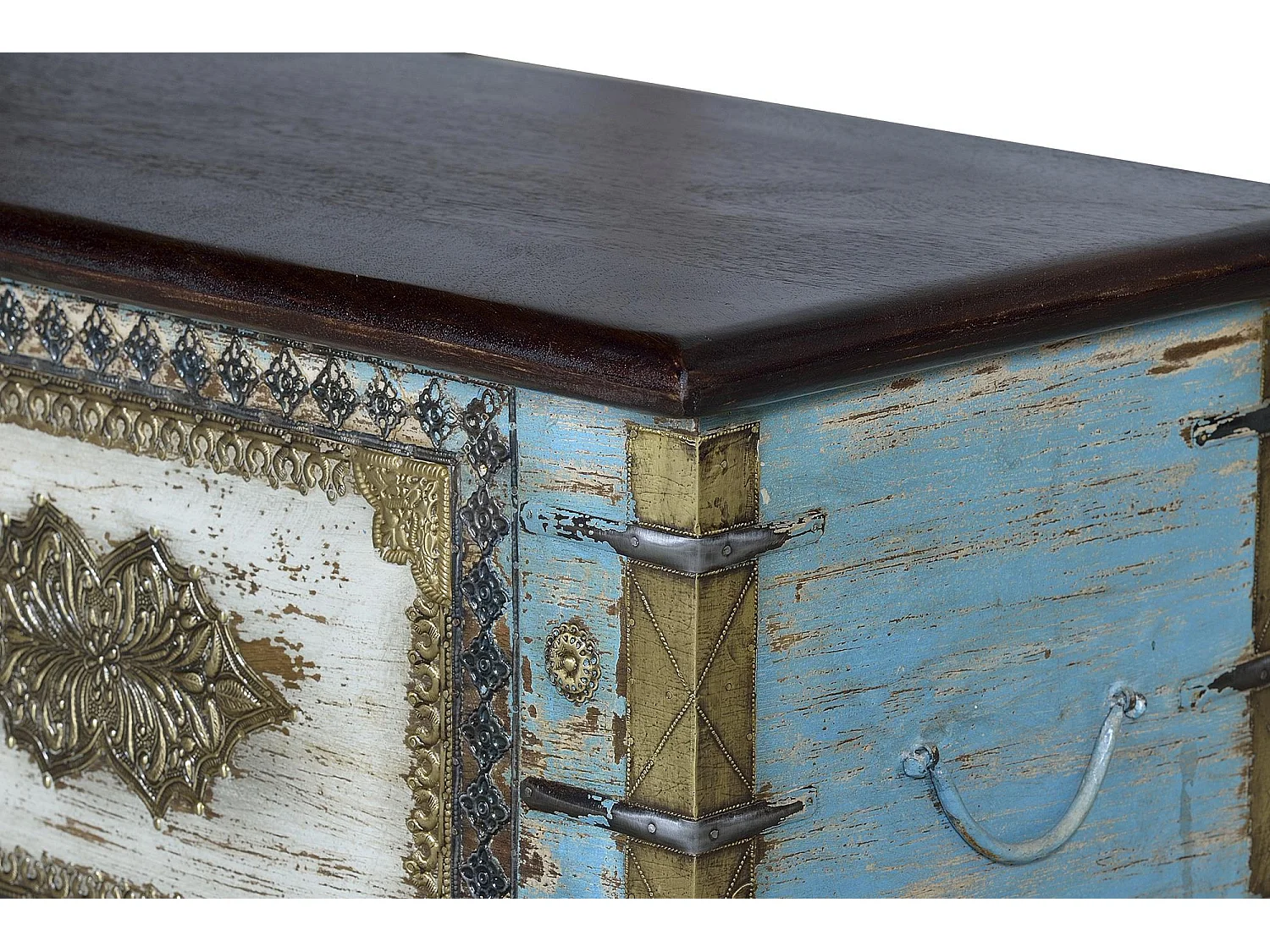 Skrzynia w kolorze niebieskim manguier i merisier vieilli