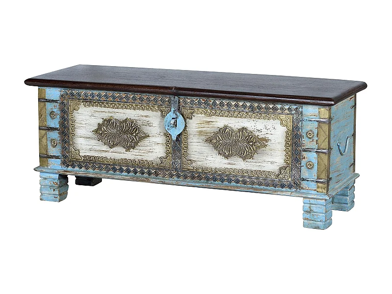 Skrzynia w kolorze niebieskim manguier i merisier vieilli