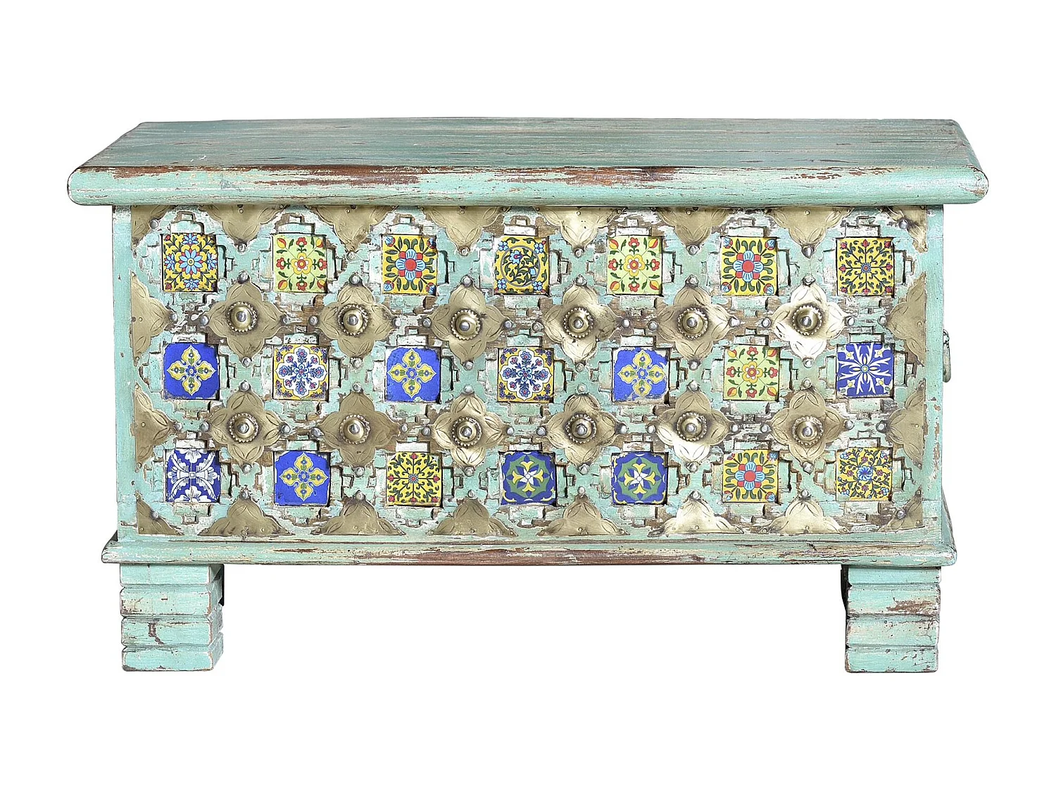 Coffre en bois de manguier avec détails verts et multicolores