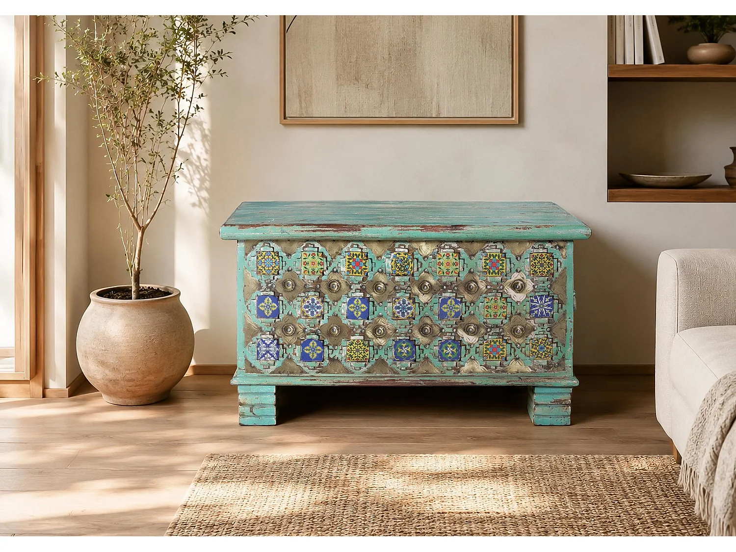Coffre en bois de manguier massif 80 cm, style ethnique rustique - 45 x 80 x 40