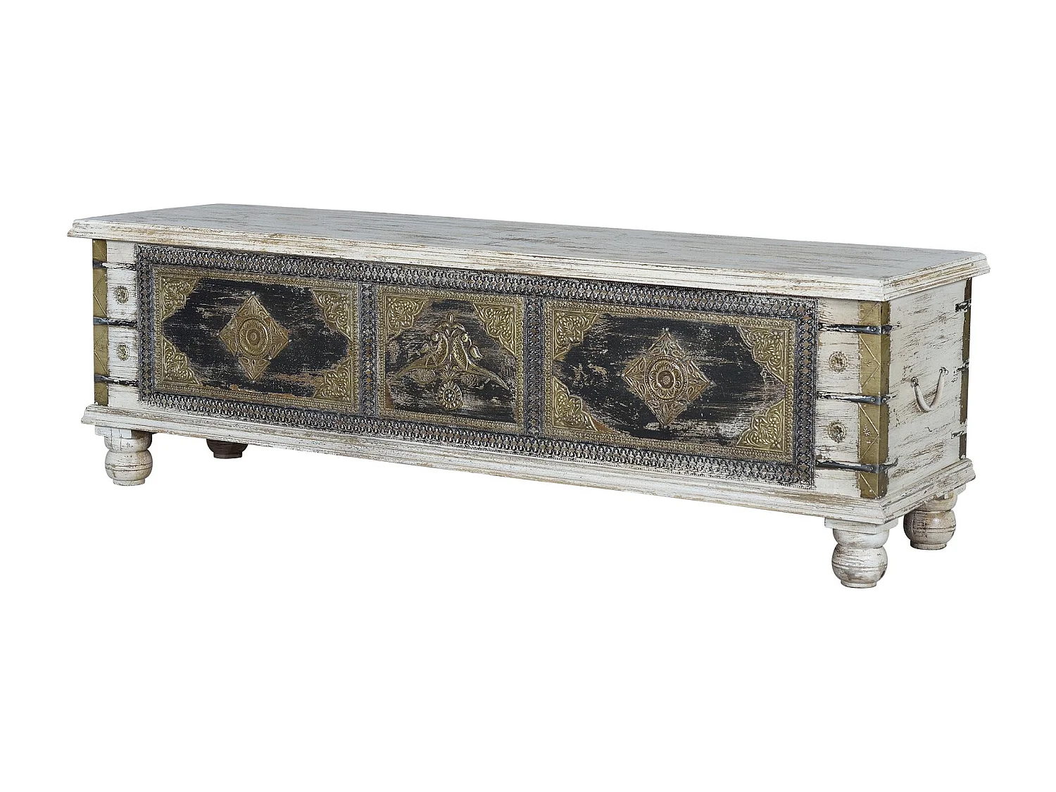 Coffre en bois de manguier et détails en bronze blanc vieilli