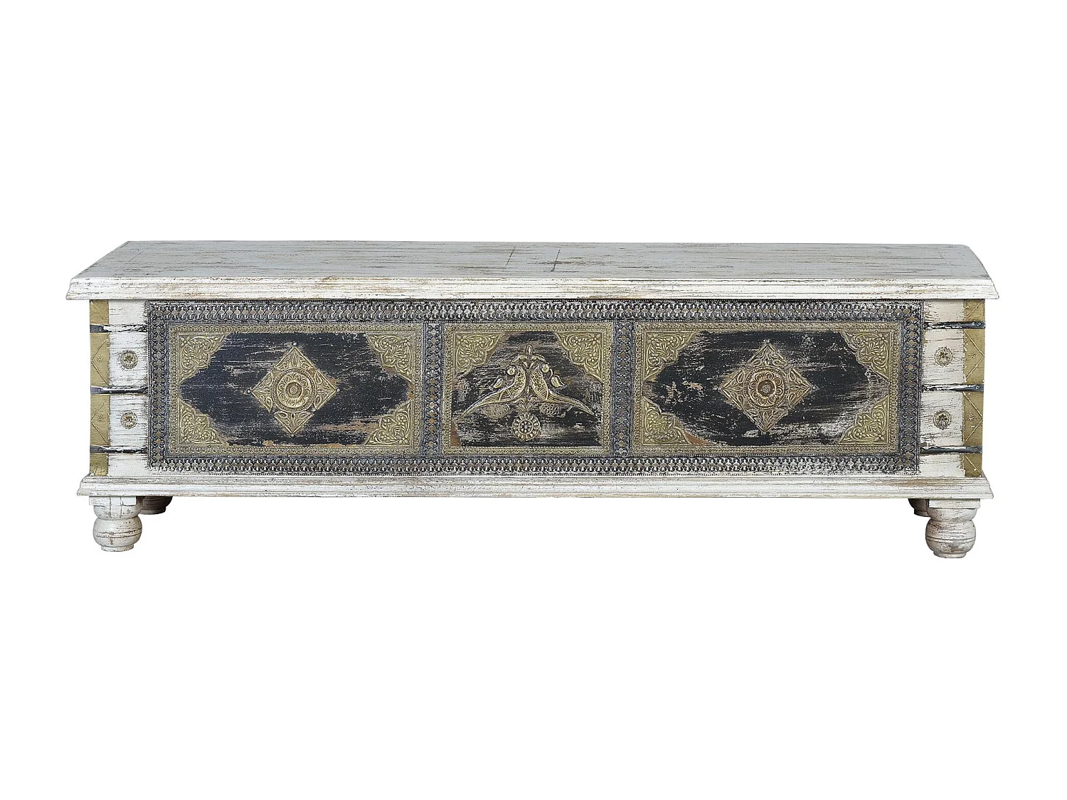 Coffre en bois de manguier et détails en bronze blanc vieilli