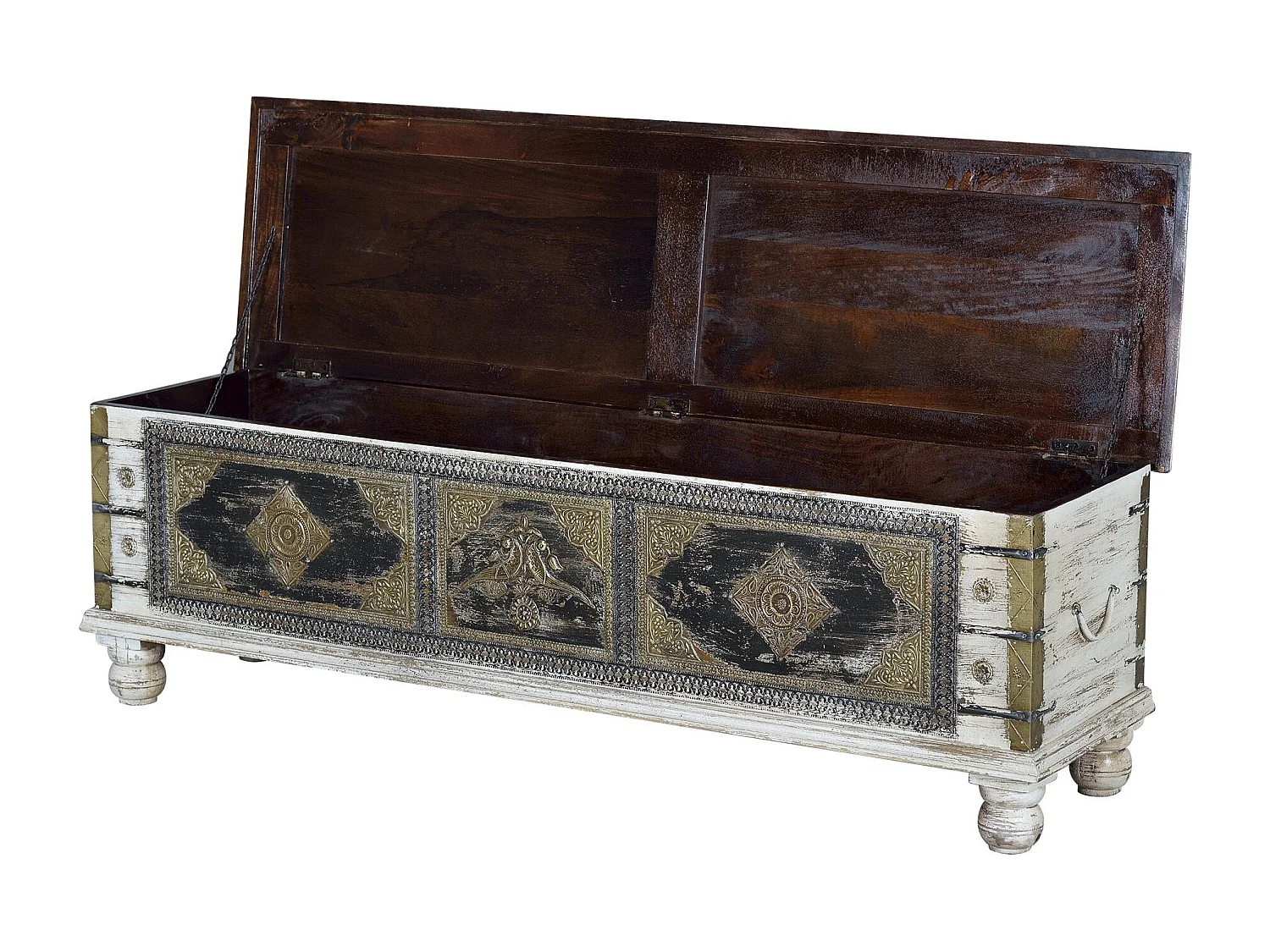 Coffre en bois de manguier et détails en bronze blanc vieilli