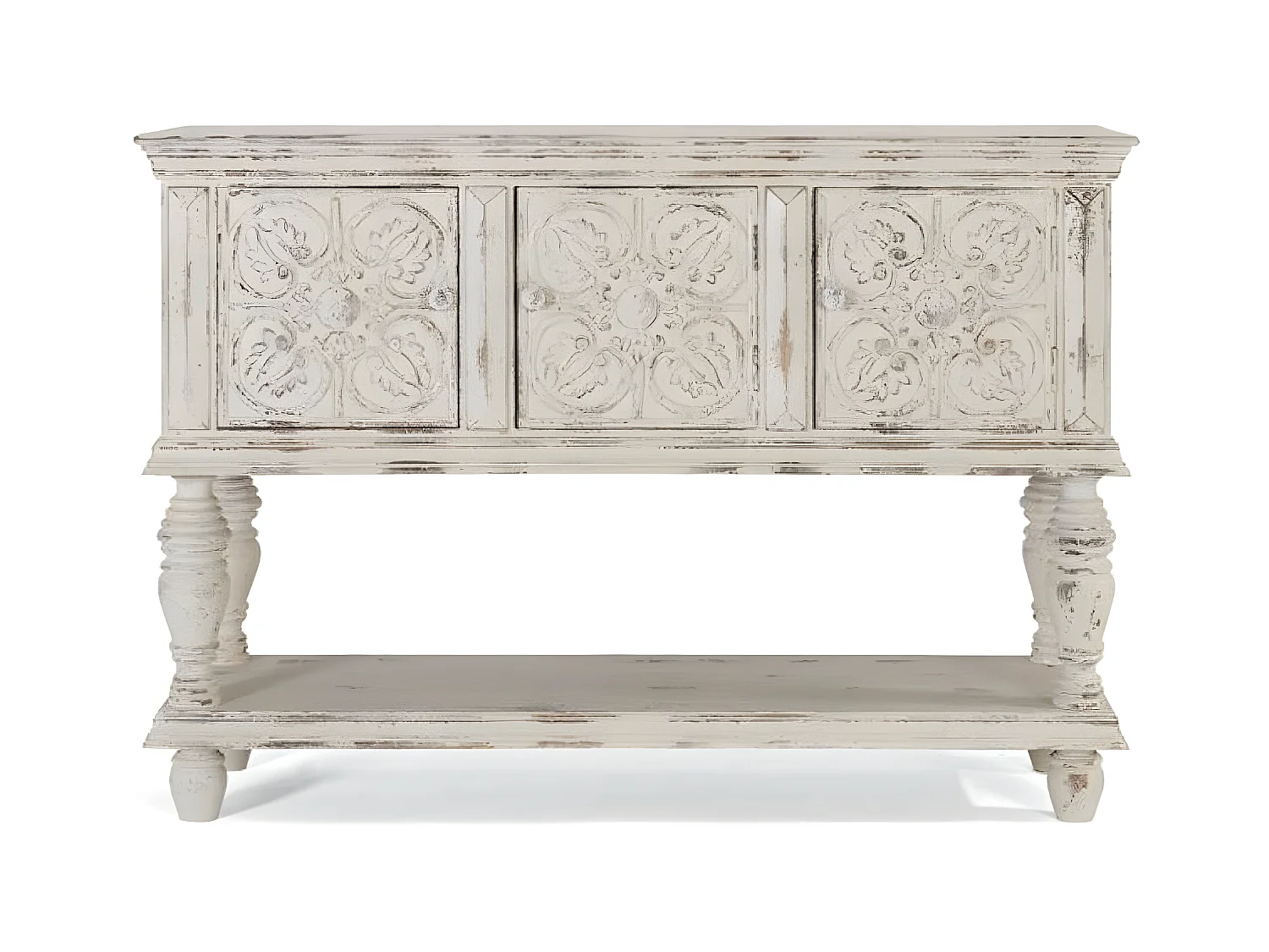 Consolle a tre ante e ripiano in massello di mango intagliato