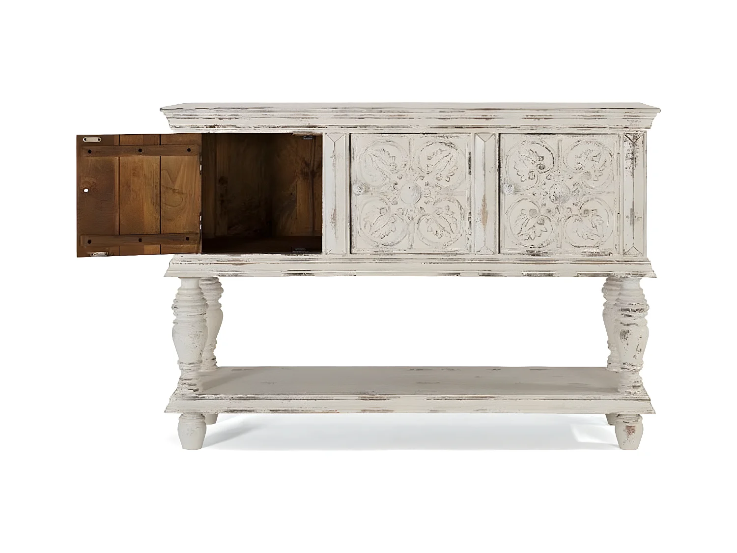 Consolle a tre ante e ripiano in massello di mango intagliato