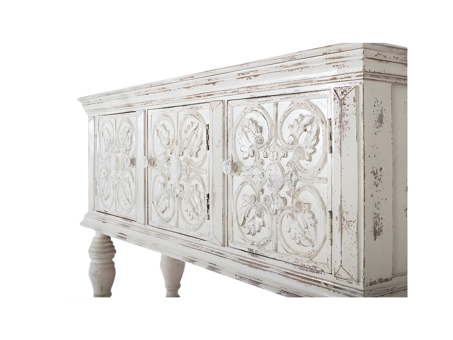 Consolle a tre ante e ripiano in massello di mango intagliato