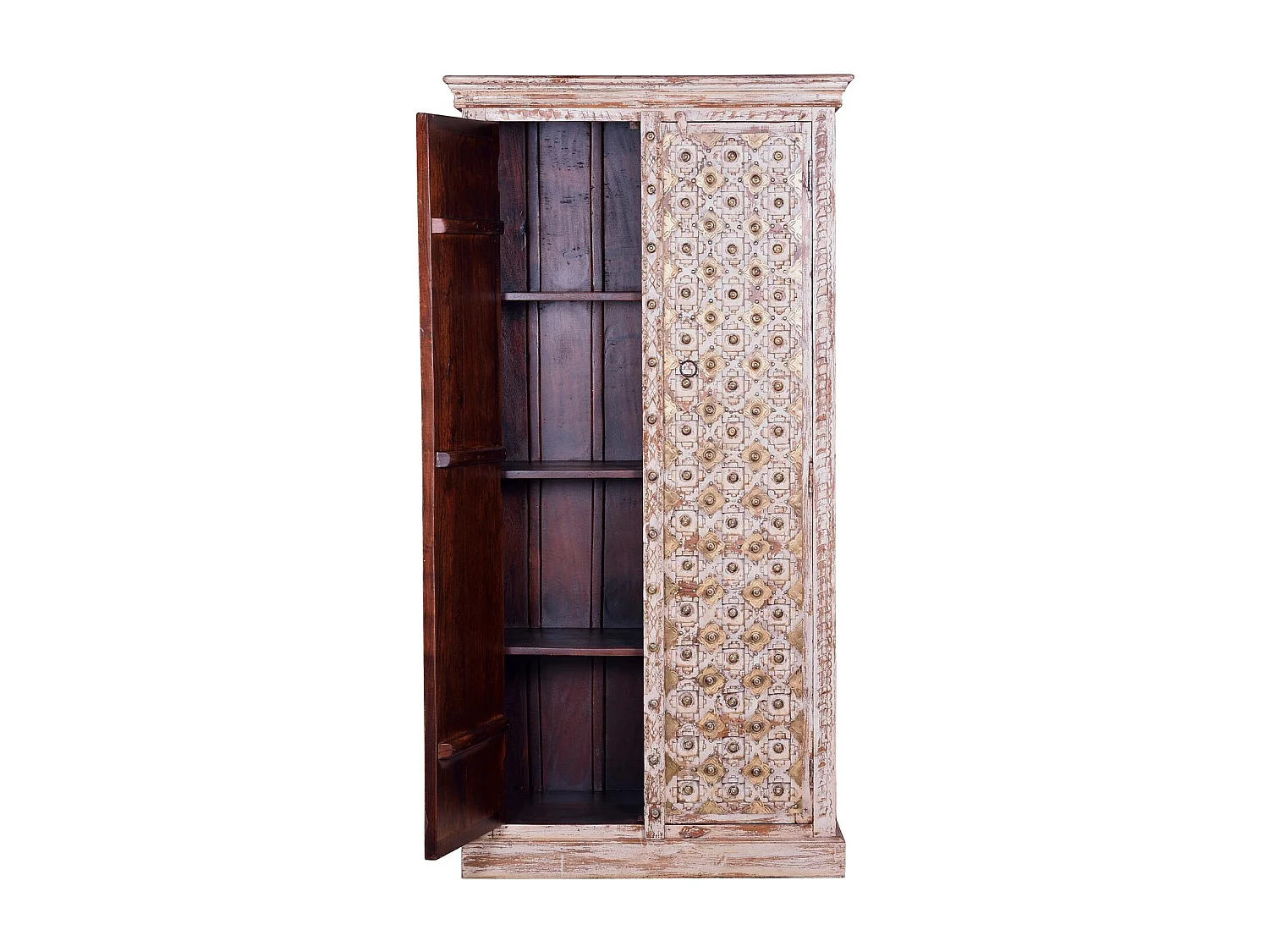 Armoire en bois de manguier avec des détails en ivoire vieilli