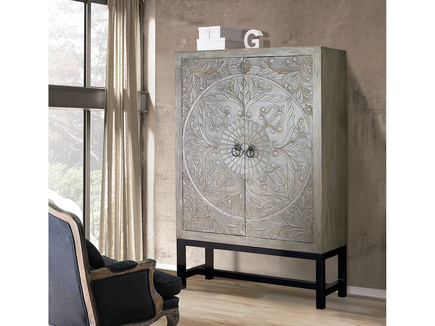Armoire en bois de manguier 116 cm, style colonial rustique - 180 x 116 x 42