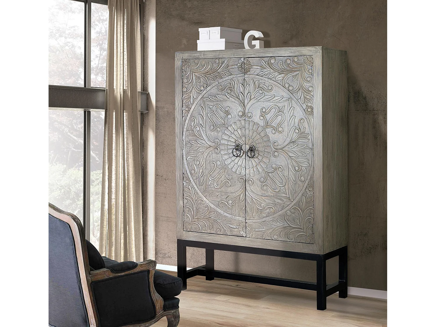 Armoire en bois de manguier 116 cm, style colonial rustique - 180 x 116 x 42