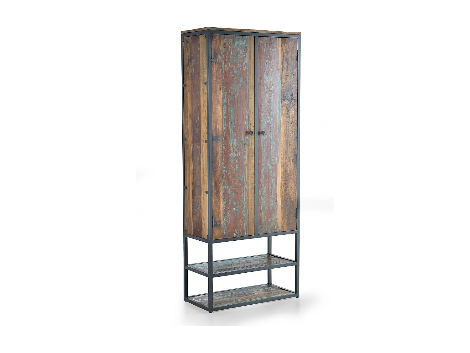 Vitrine en bois recyclé et pieds en métal multicolore