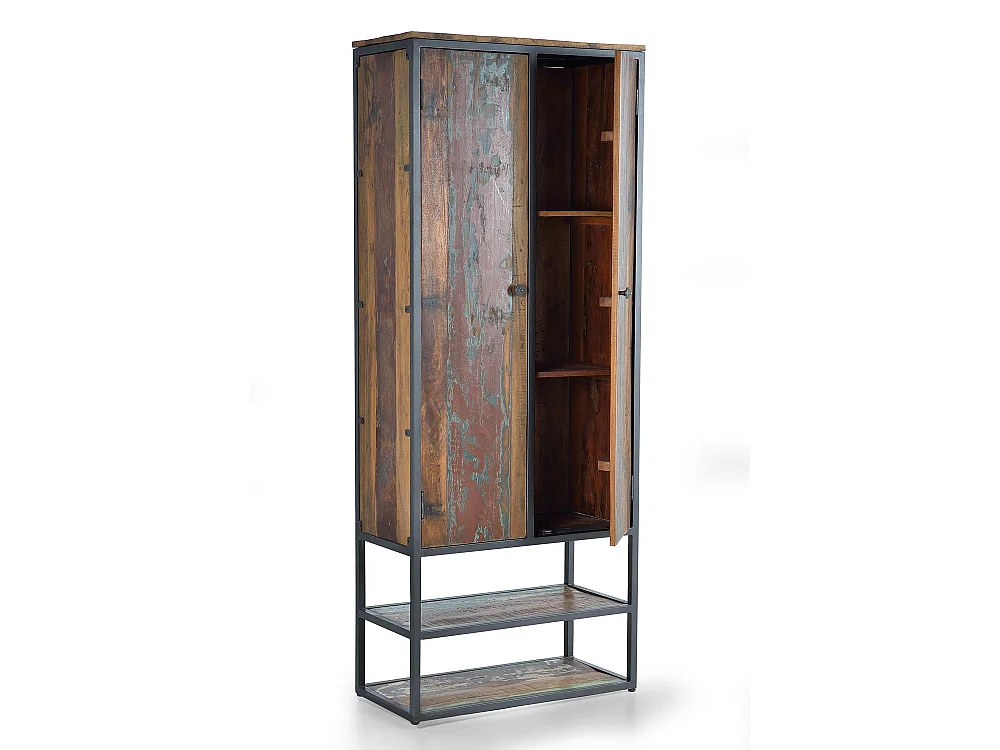 Vitrine en bois recyclé et pieds en métal multicolore