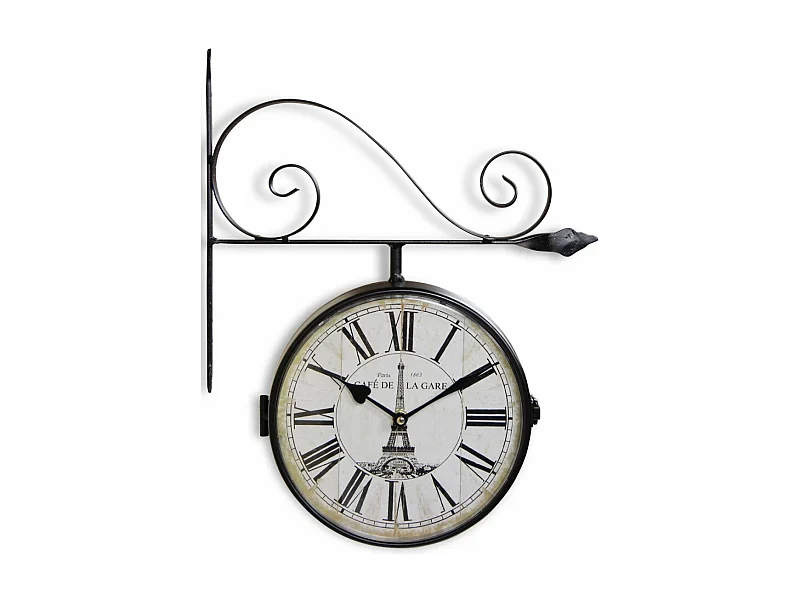 Horloge de gare ancienne double face café de la gare tour eiffel forge Fer Forgé Blanc - Décoration d'Autrefois