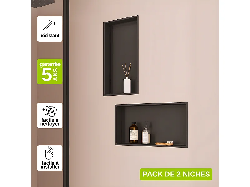 Lot de 2 Niches de Douche, Rangement mural de Salle de Bain et Douche 30x60cm Noir Satiné, NOOK by SANIZÉO