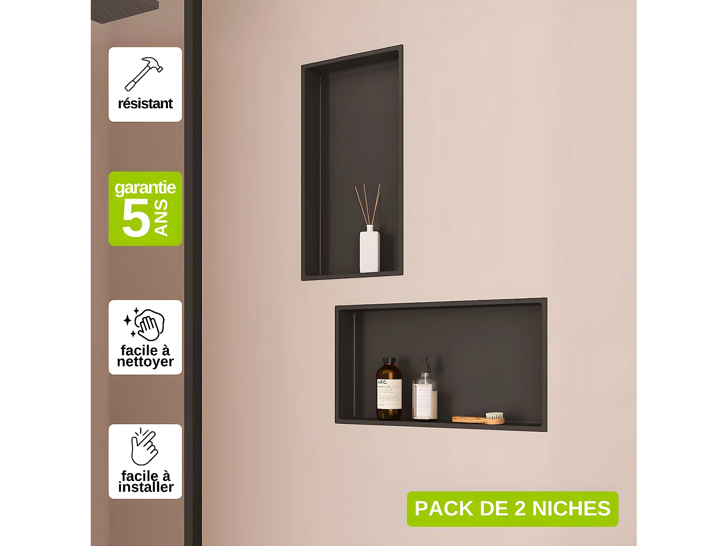 Lot de 2 Niches de Douche, Rangement mural de Salle de Bain et Douche 30x60cm Noir Satiné, NOOK by SANIZÉO