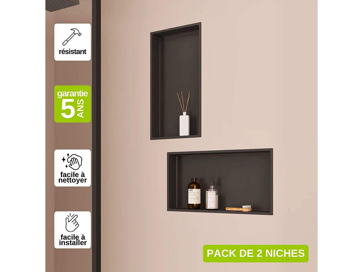 Lot de 2 Niches de Douche, Rangement mural de Salle de Bain et Douche 63X33cm Noir Satiné, NOOK by SANIZÉO