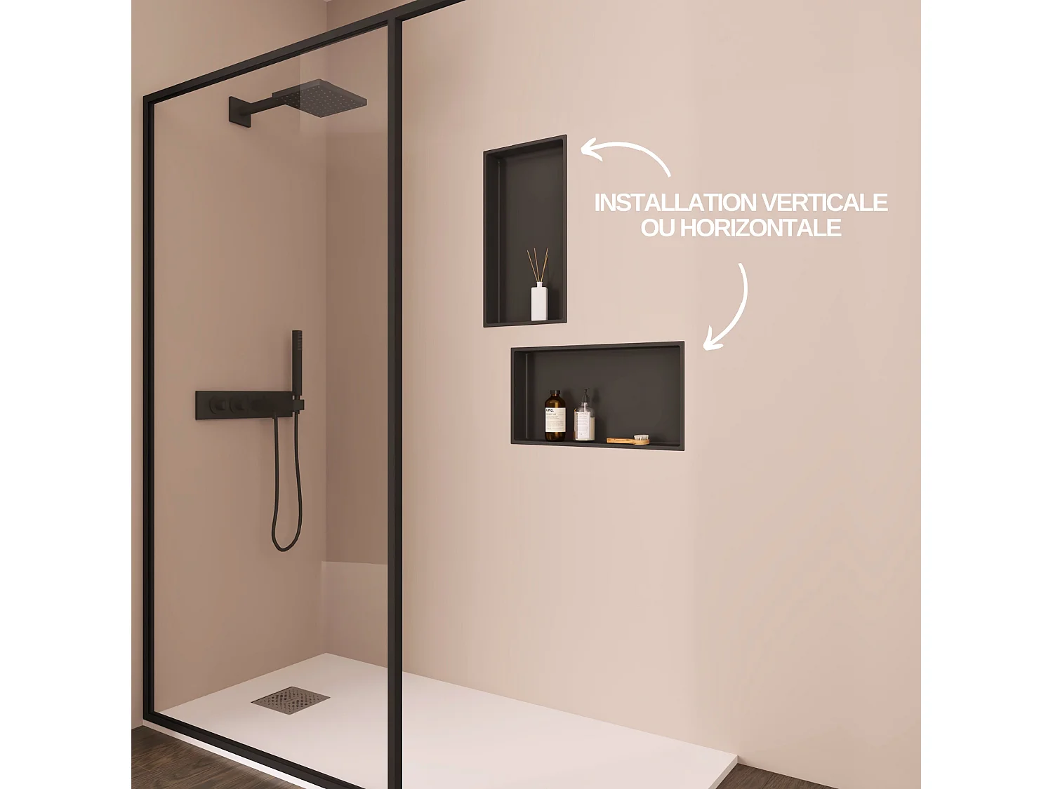 Lot de 2 Niches de Douche, Rangement mural de Salle de Bain et Douche 63X33cm Noir Satiné, NOOK by SANIZÉO