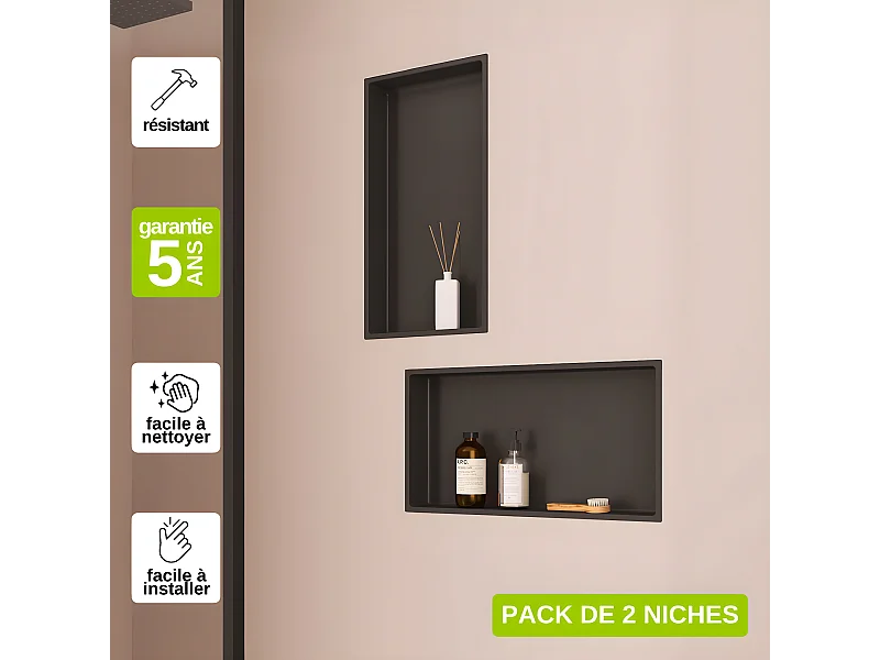 Lot de 2 Niches de Douche, Rangement mural de Salle de Bain et Douche 30x60cm Noir Satiné, NOOK by SANIZÉO