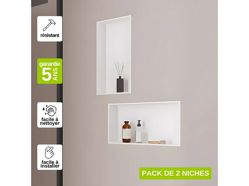Lot de 2 Niches de Douche, Rangement mural de Salle de Bain et Douche 30x60cm Blanc Satiné, NOOK by SANIZÉO