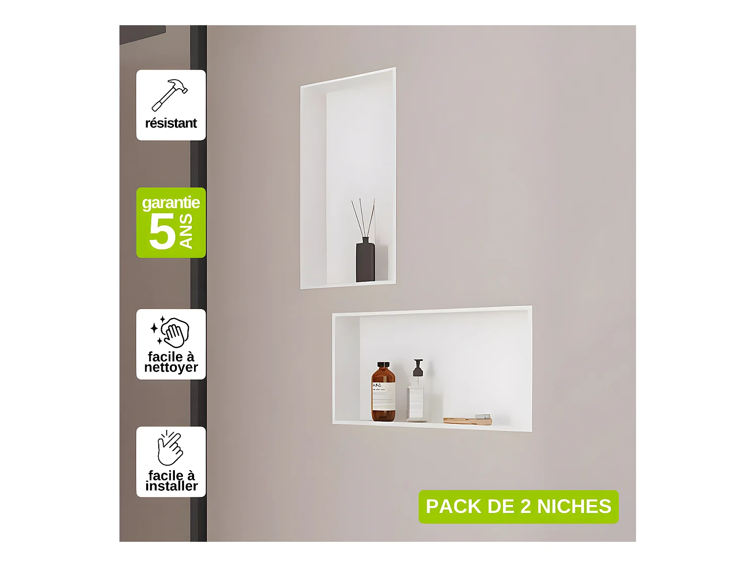 Lot de 2 Niches de Douche, Rangement mural de Salle de Bain et Douche 30x60cm Blanc Satiné, NOOK by SANIZÉO