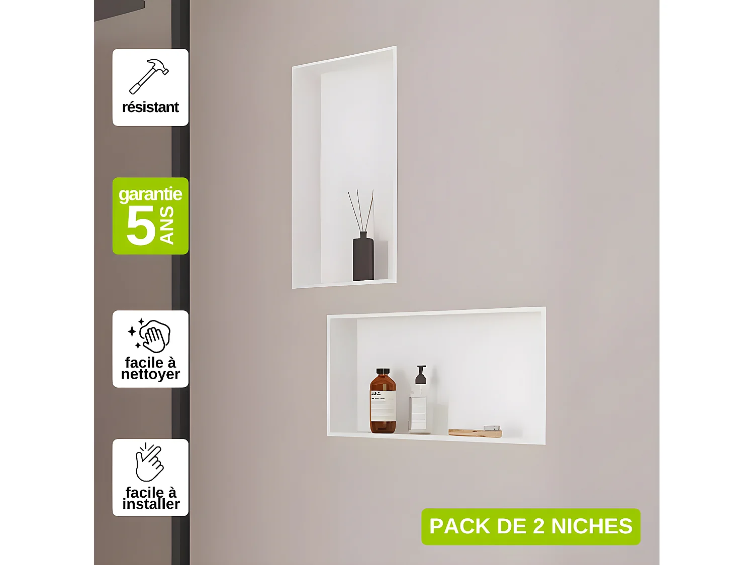 Lot de 2 Niches de Douche, Rangement mural de Salle de Bain et Douche 30x60cm Blanc Satiné, NOOK by SANIZÉO