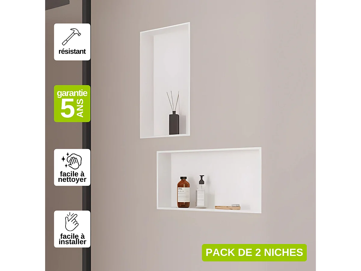 Lot de 2 Niches de Douche, Rangement mural de Salle de Bain et Douche 63X33cm Blanc Satiné, NOOK by SANIZÉO