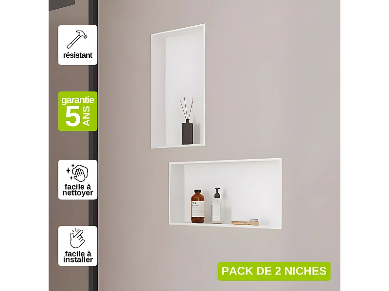 Lot de 2 Niches de Douche, Rangement mural de Salle de Bain et Douche 30x60cm Blanc Satiné, NOOK by SANIZÉO